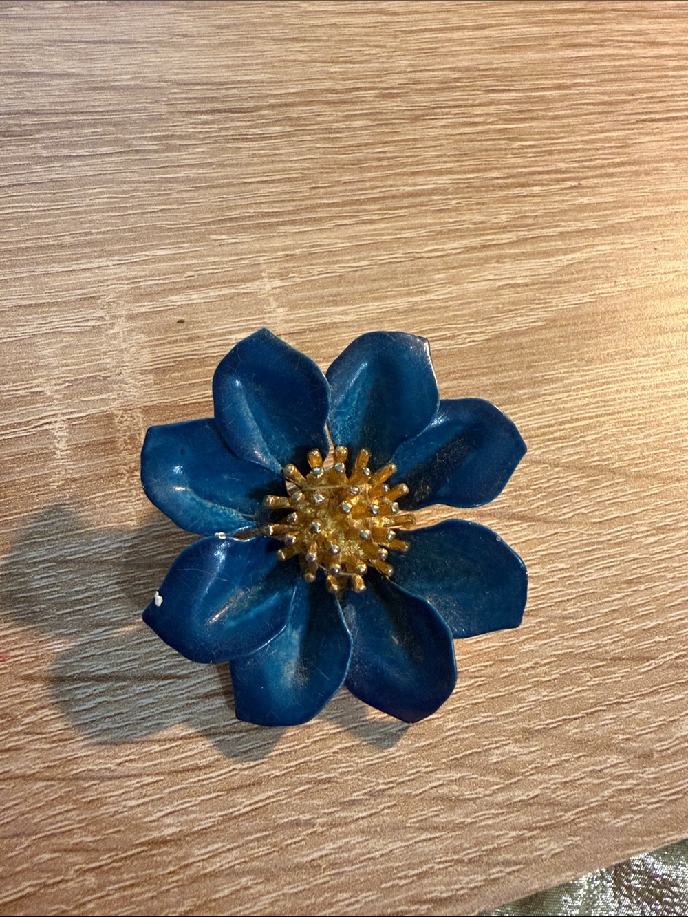 Vintage Blue Floral Statement Brooch with Gold Center